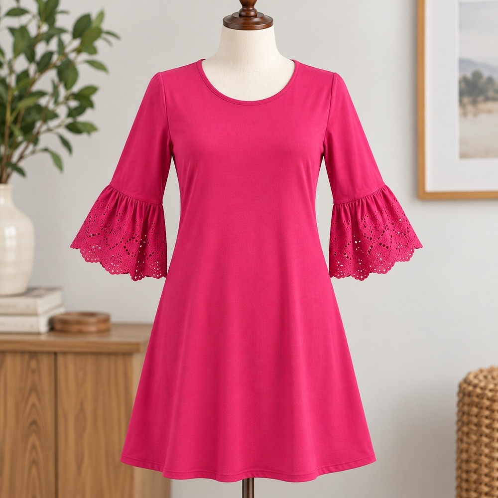 Susan Graver V-Neck Dress Womens 1X Magenta Pink Eyelet Bell Sleeve A-Line